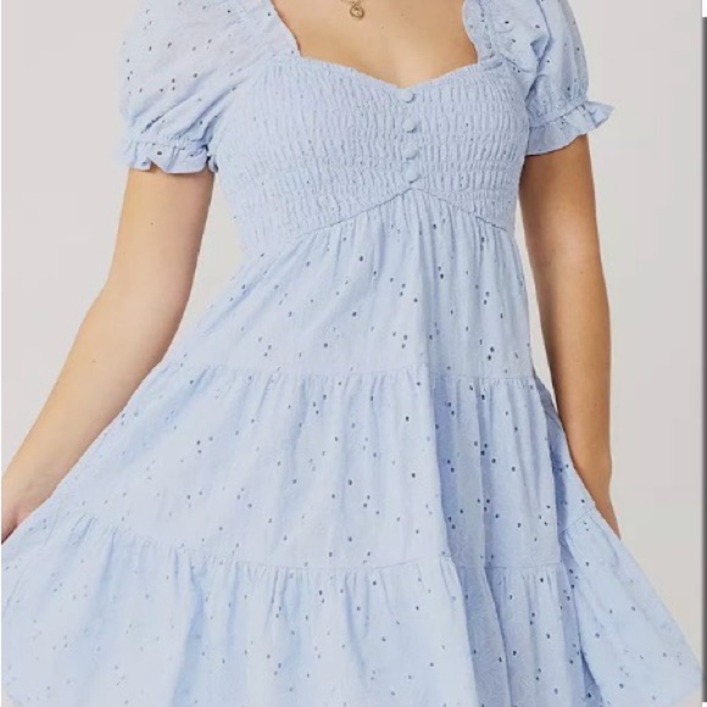 SO Juniors Eyelet Lace Smocked Puff Sleeve Dress in light baby blue